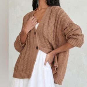 Jenni Kayne Cotton Cable Knit Cardigan Sweater - Camel